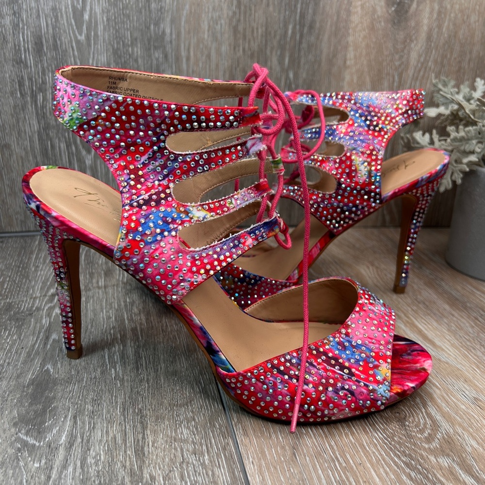 ✨ Thalia Sodi Rhinestone Lace‑Up Heels | Multicolor Strappy Stilettos | Size 11M